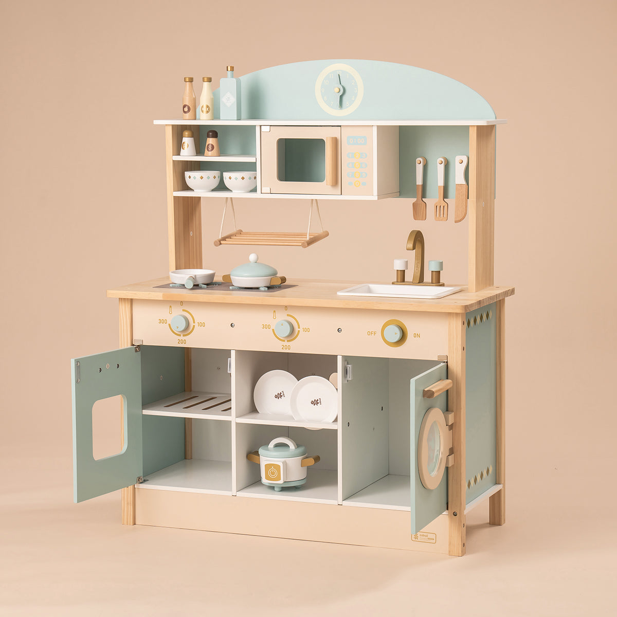 ROBUD WCF14 mint green Montessori play kitchen full view with arched hutch, stovetop and sink.