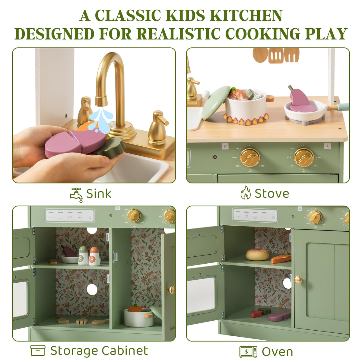 ROBUD Olivia green play kitchen feature diagram with labeled callouts for sink, stove, storage cabinet and oven sections