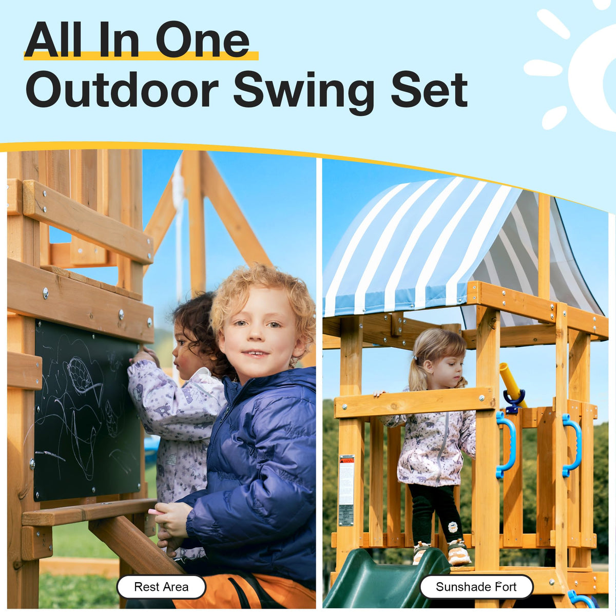 Robud wooden swing set, lifestyle shot in home setting