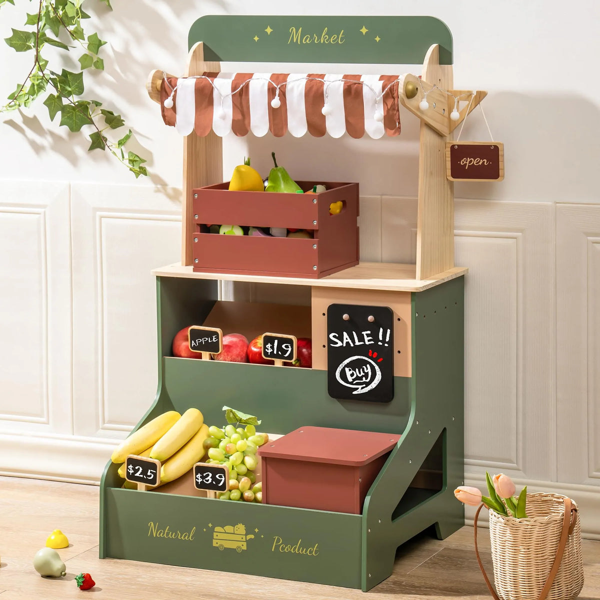 ROBUD green wooden pretend play market stand with canopy, shelves and toy food produce items for kids