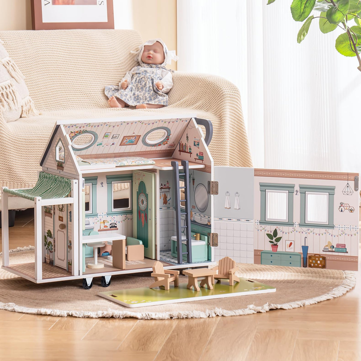 Robud wooden camper van dollhouse, main product photo on white background