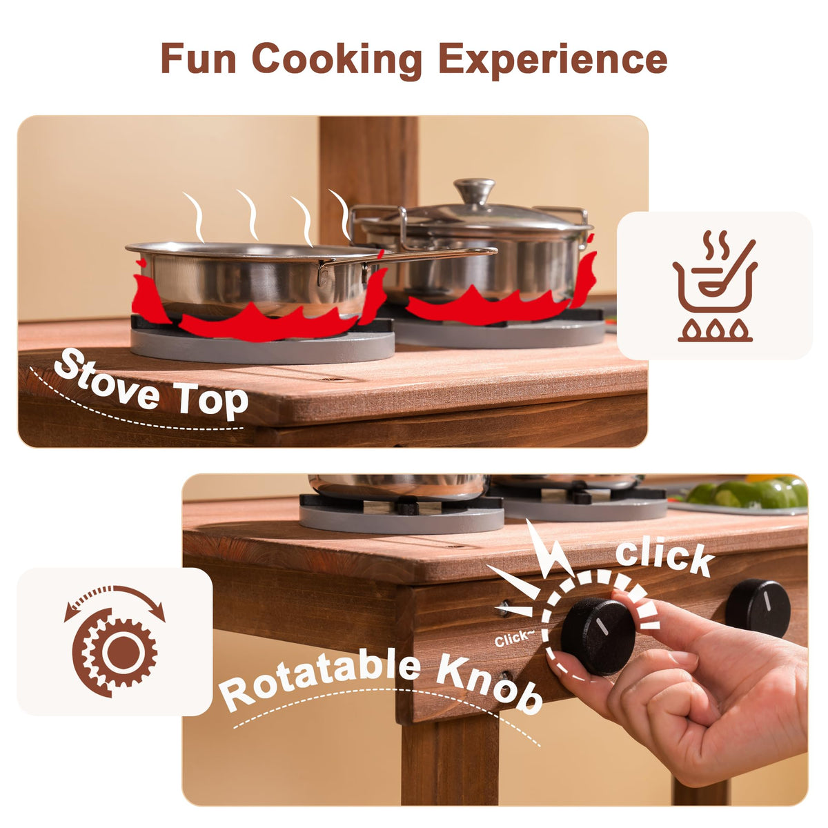 Robud outdoor wooden mud kitchen close-up of stove top panel with rotatable knobs and miniature pots showing simulated flame effect callouts