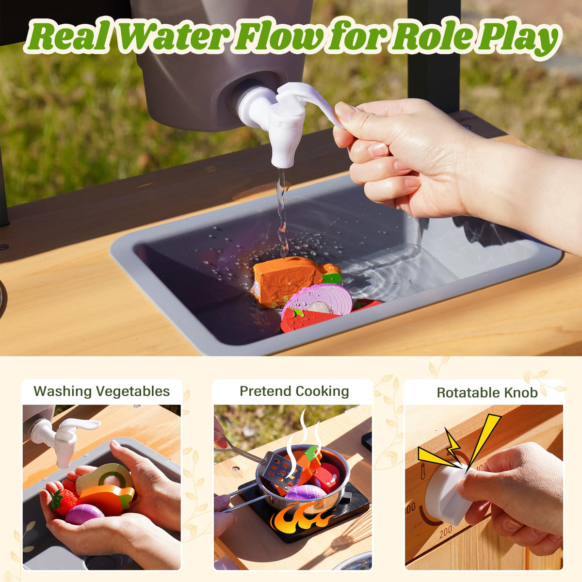 ROBUD outdoor mud kitchen real water flow infographic showing faucet filling a sink, washing vegetables, pretend cooking, and rotatable knob callouts