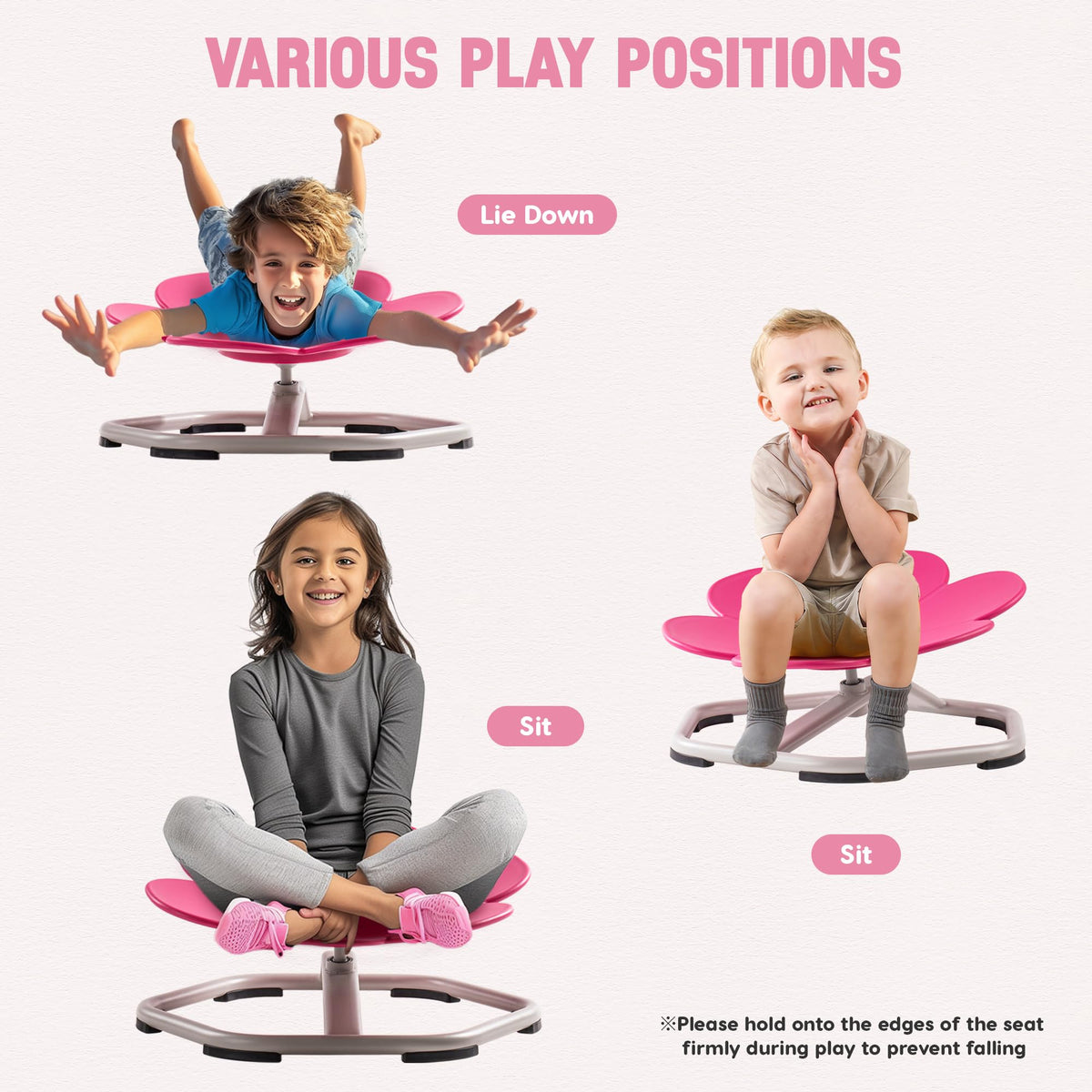 ROBUD Flower Swivel Chair blue version construction detail showing detachable sturdy metal base, non-slip floor-protecting pads and smooth ball-bearing axis mechanism on a light blue background