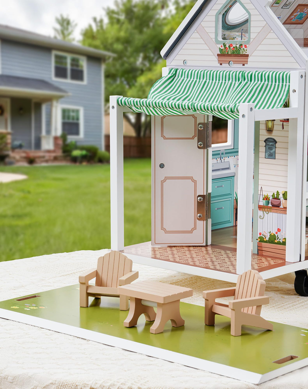 Robud wooden camper van dollhouse, rear view detail