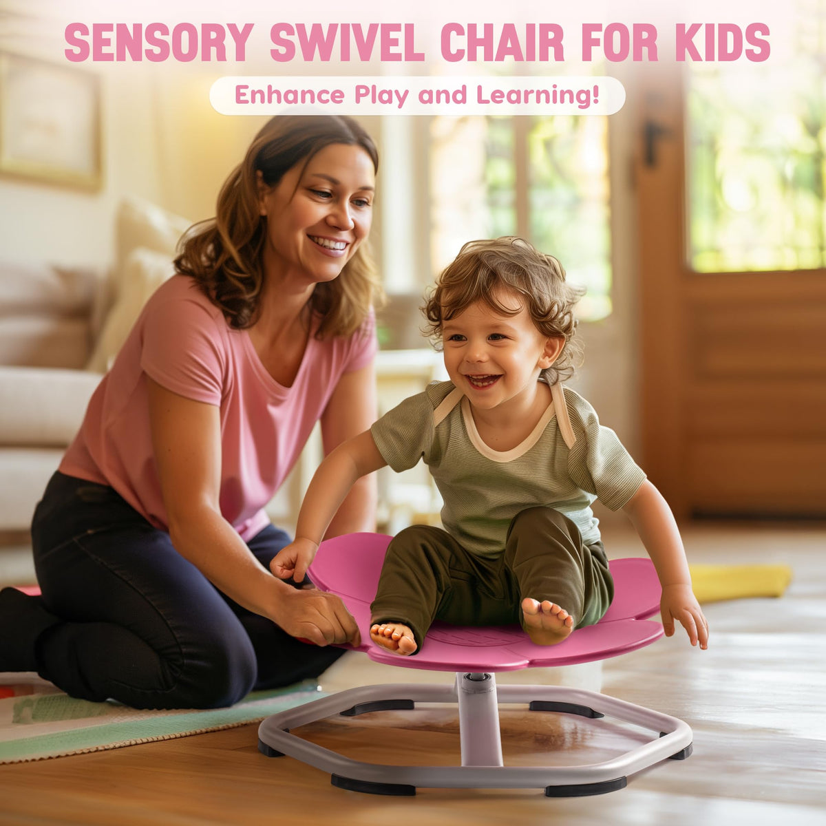 ROBUD Flower Swivel Chair blue version various play positions infographic showing a child lying on it spinning, two children sitting cross-legged and seated upright on the light blue flower seat