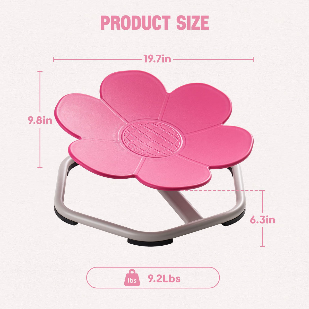 ROBUD Flower Swivel Chair pink version top-down view showing the pink flower-shaped rotating seat with textured grip center pattern and silver metal cross base with black non-slip feet