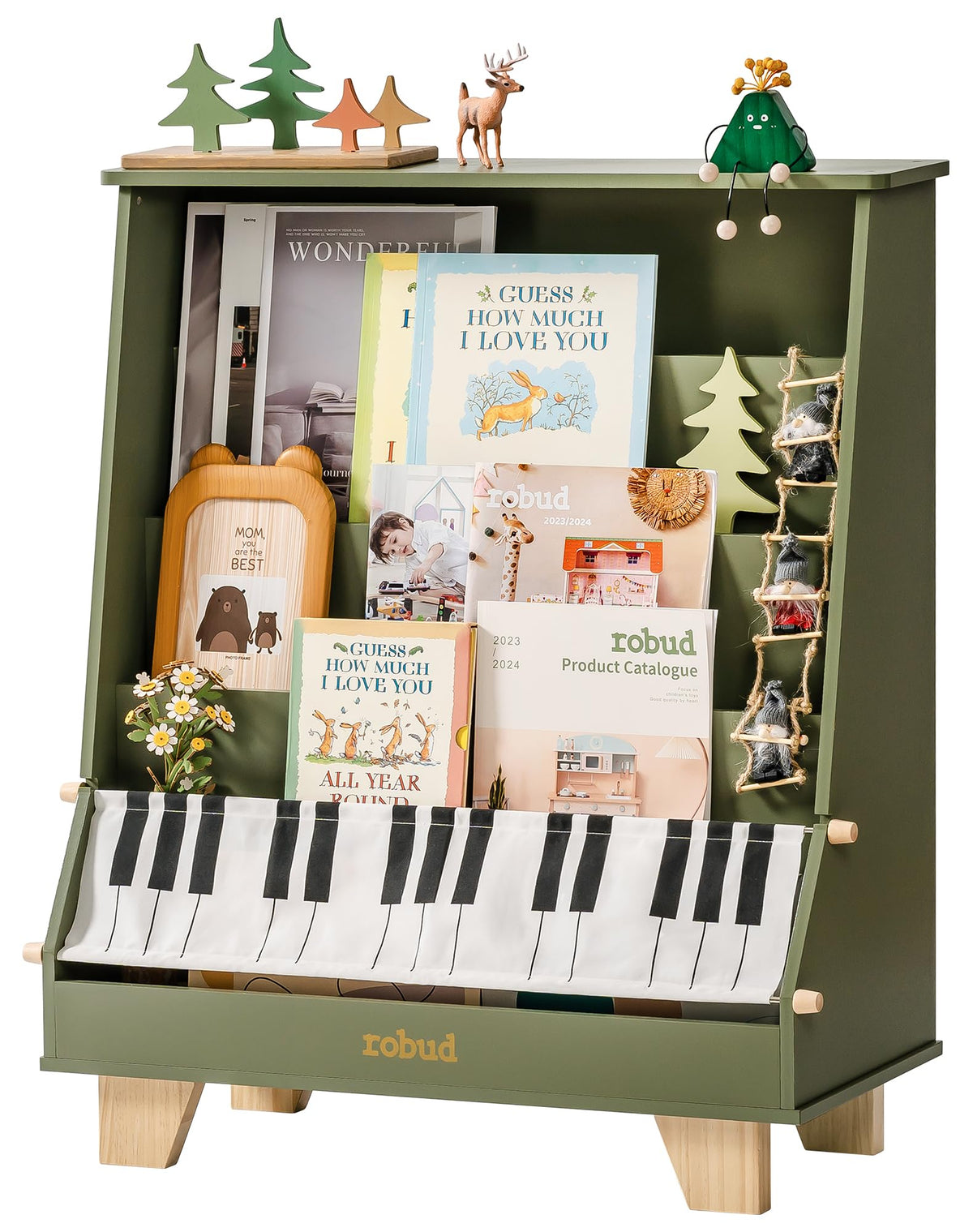 ROBUD Wooden Kids Bookshelf Piano green version side-angle product shot isolated on white showing the piano-key pocket fully extended, tiered book slots and solid natural wood legs