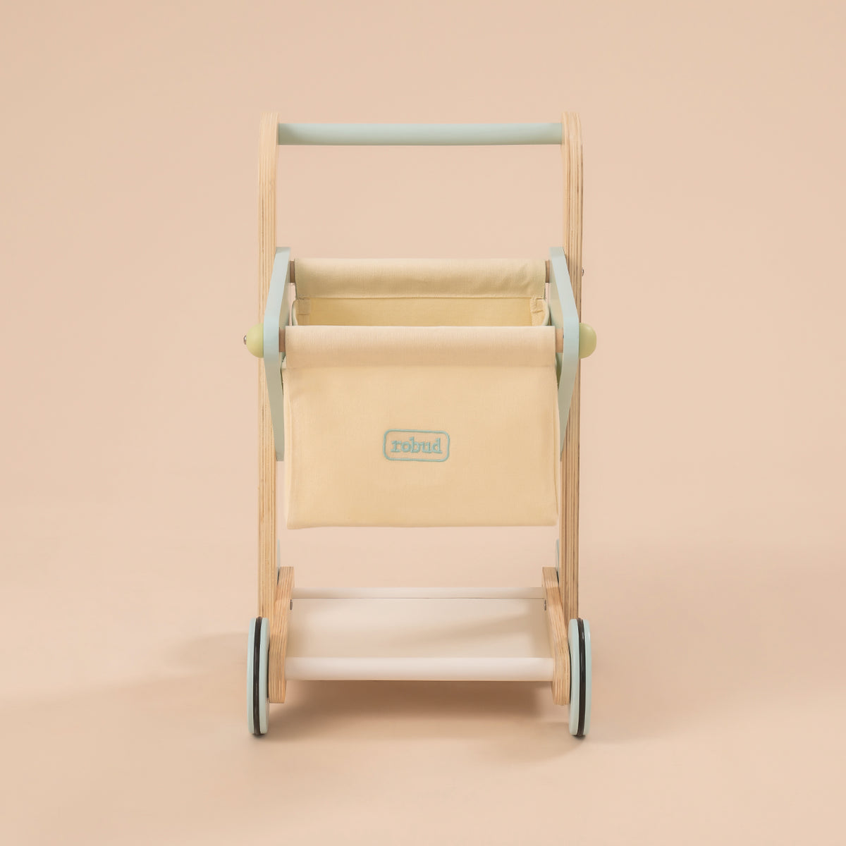 ROBUD wooden baby push walker WRP02 rear view showing natural wood frame, cream canvas bag and mint green wheels