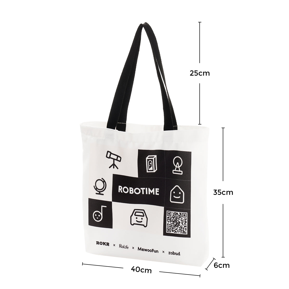 Robotime brand canvas tote bag with logo and family brand list, dimensions 40 by 35 by 6 centimeters