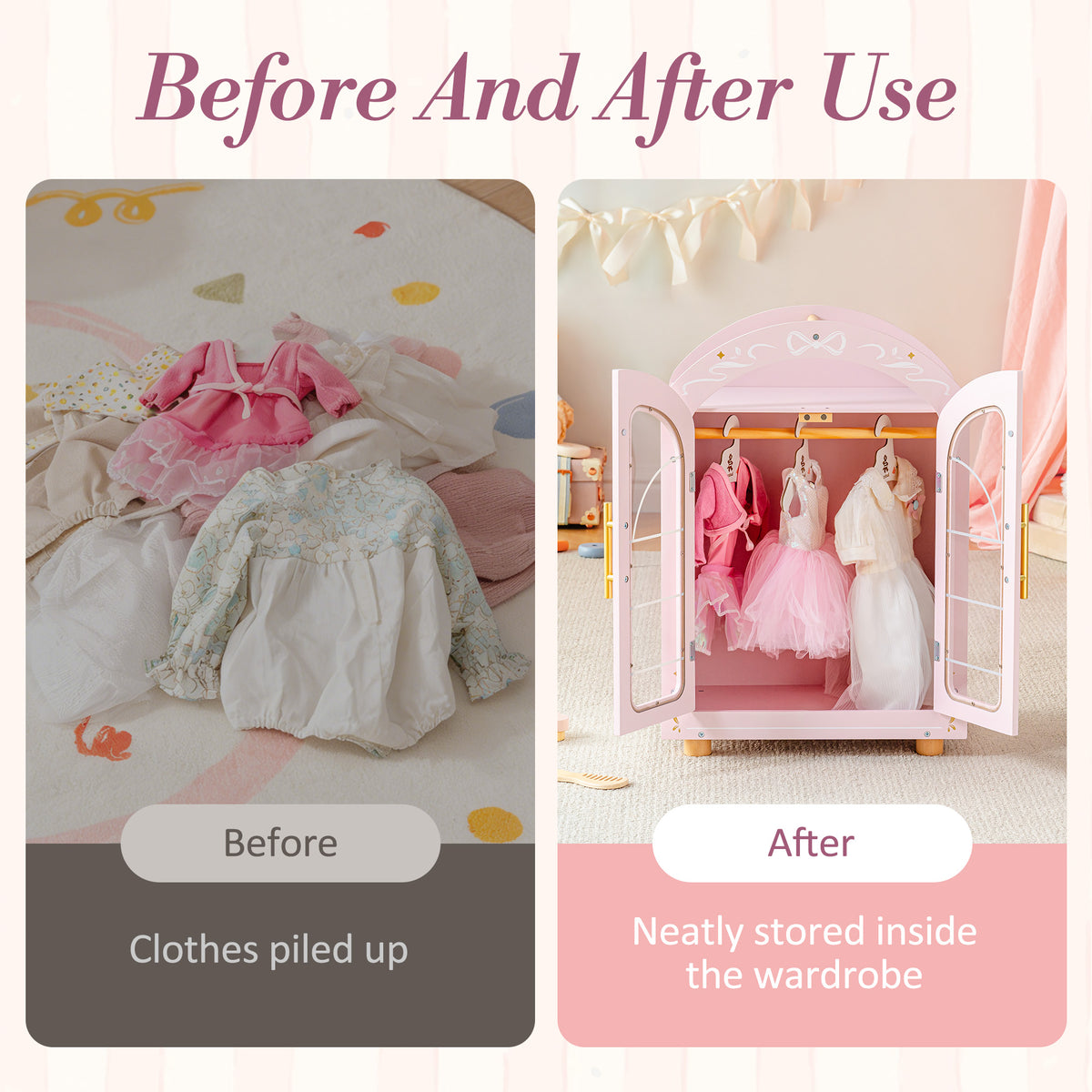 ROBUD doll wardrobe before-and-after showing clothes pile transformed into neatly hung outfits inside the pink cabinet.