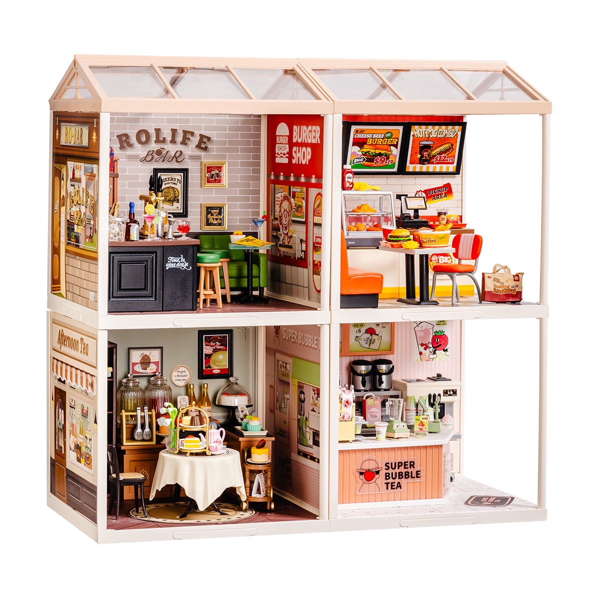 Rolife Super Creator four-grid DIY miniature house showing fully assembled four-room layout with living room, bedroom, kitchen, and bathroom all with rooftop glass panels