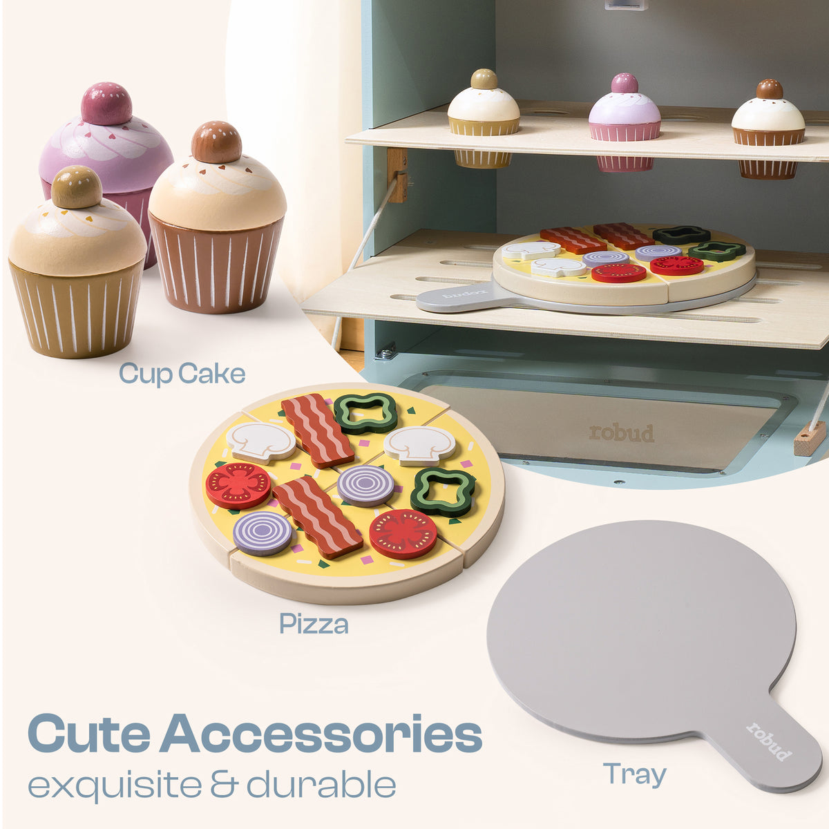 Robud play oven cute accessories panel showing wooden cupcakes, pizza and baking tray in detail