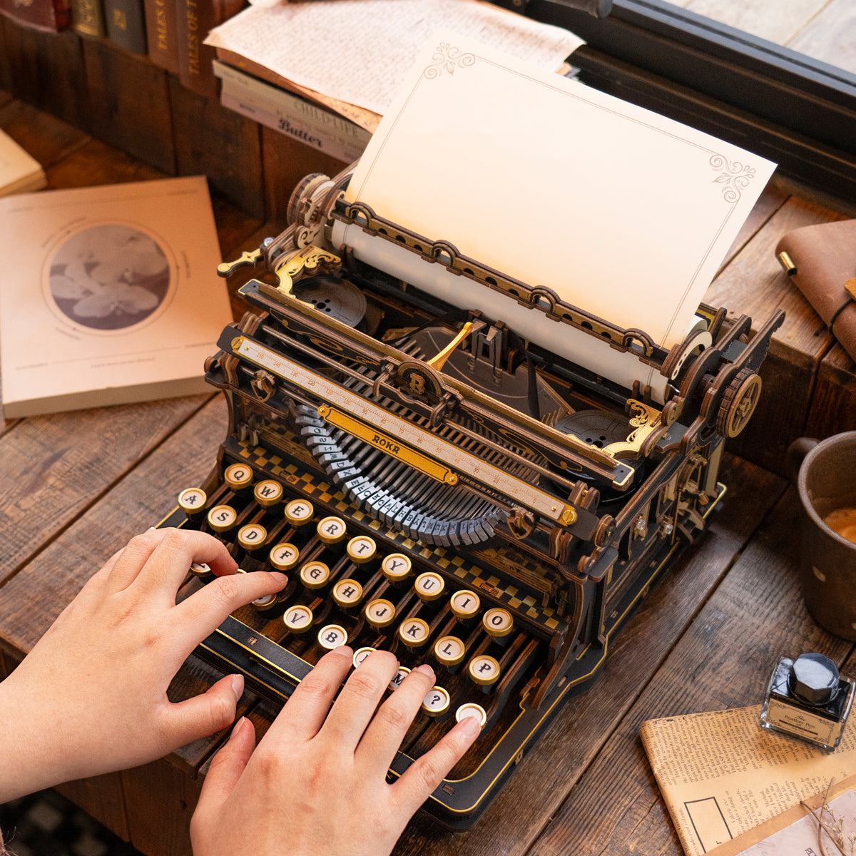 ROKR Mechanical Typewriter Wooden 3D Puzzle LK703B (Classic Version) LK703B, angled view showing detail and craftsmanship