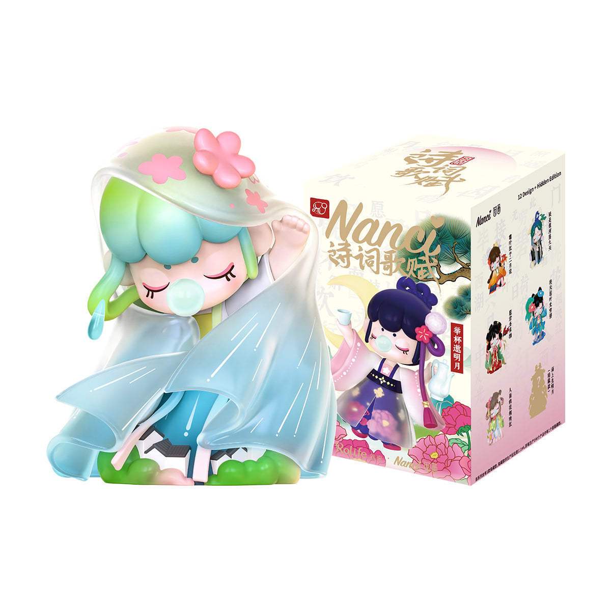 Rolife Nanci Chinese Poetry surprise figure in a flowing teal robe with green-tipped hair and pink blossom headpiece beside its illustrated gift box