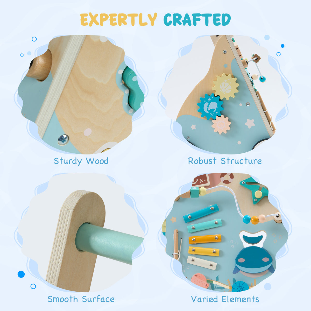 ROBUD baby push walker expertly crafted feature card showing sturdy wood, robust structure, smooth surface and varied elements