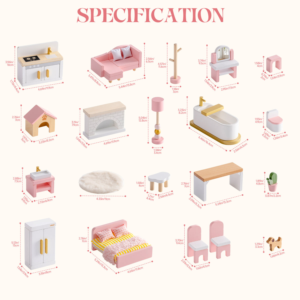 ROBUD Wooden Dollhouse Furniture Set Pink specification chart showing 15 individual miniature furniture pieces with labeled room categories