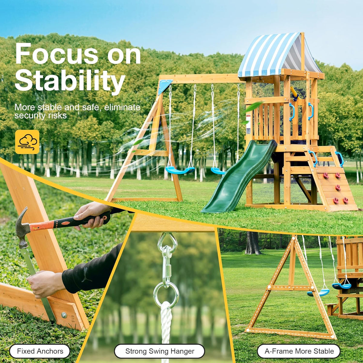 Robud wooden swing set, rear view detail