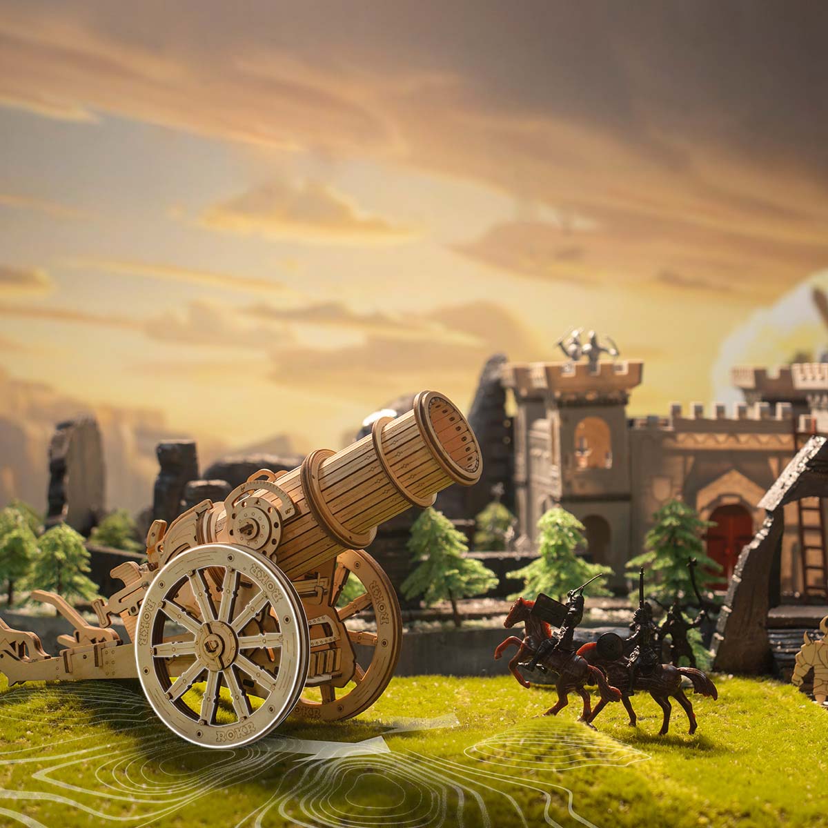 ROKR, 3D Wooden Puzzle Wheeled Siege Artillery, KW801, 3D wooden siege weapon puzzle, side angle