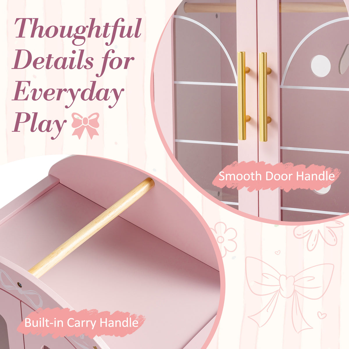 ROBUD pink doll wardrobe detail panel highlighting gold door handle and built-in carry handle for easy transport.