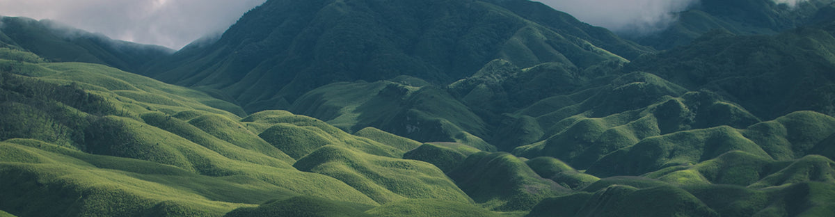 Panoramic green mountain range with mist-covered peaks and lush rolling hillsides, Robotime environmental sustainability banner