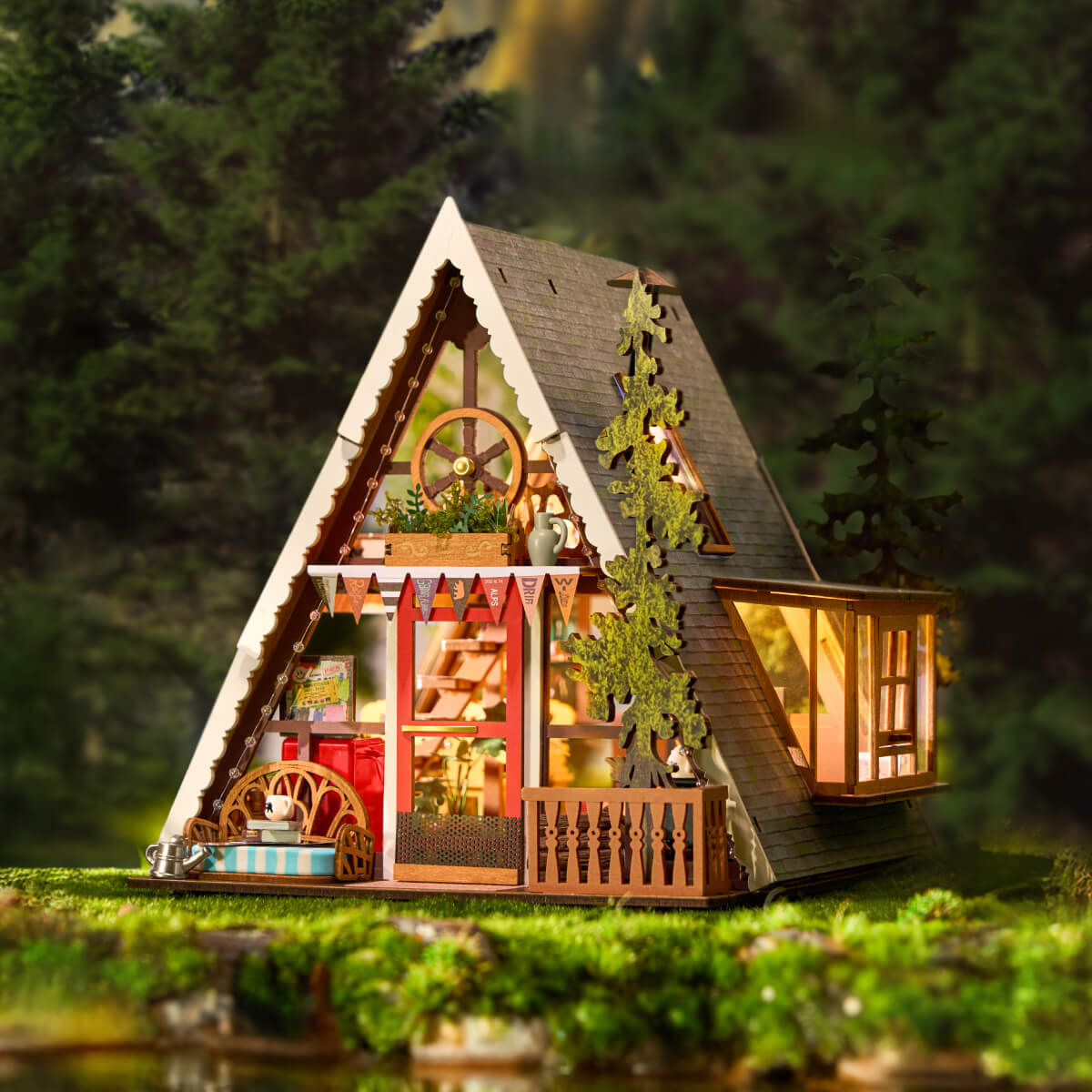 Rolife A-Frame Cabin Miniature House DG181 DIY miniature house kit, angled view showing detail and craftsmanship