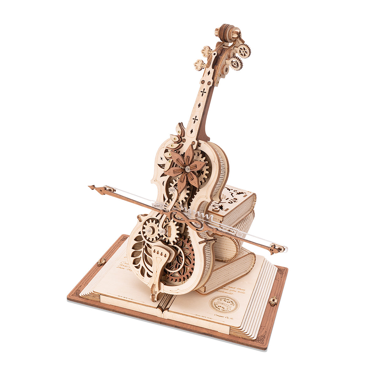 ROKR Magic Cello AMK63 wooden puzzle on white background showing the steampunk cello body with interlocking gears and transparent acrylic bow