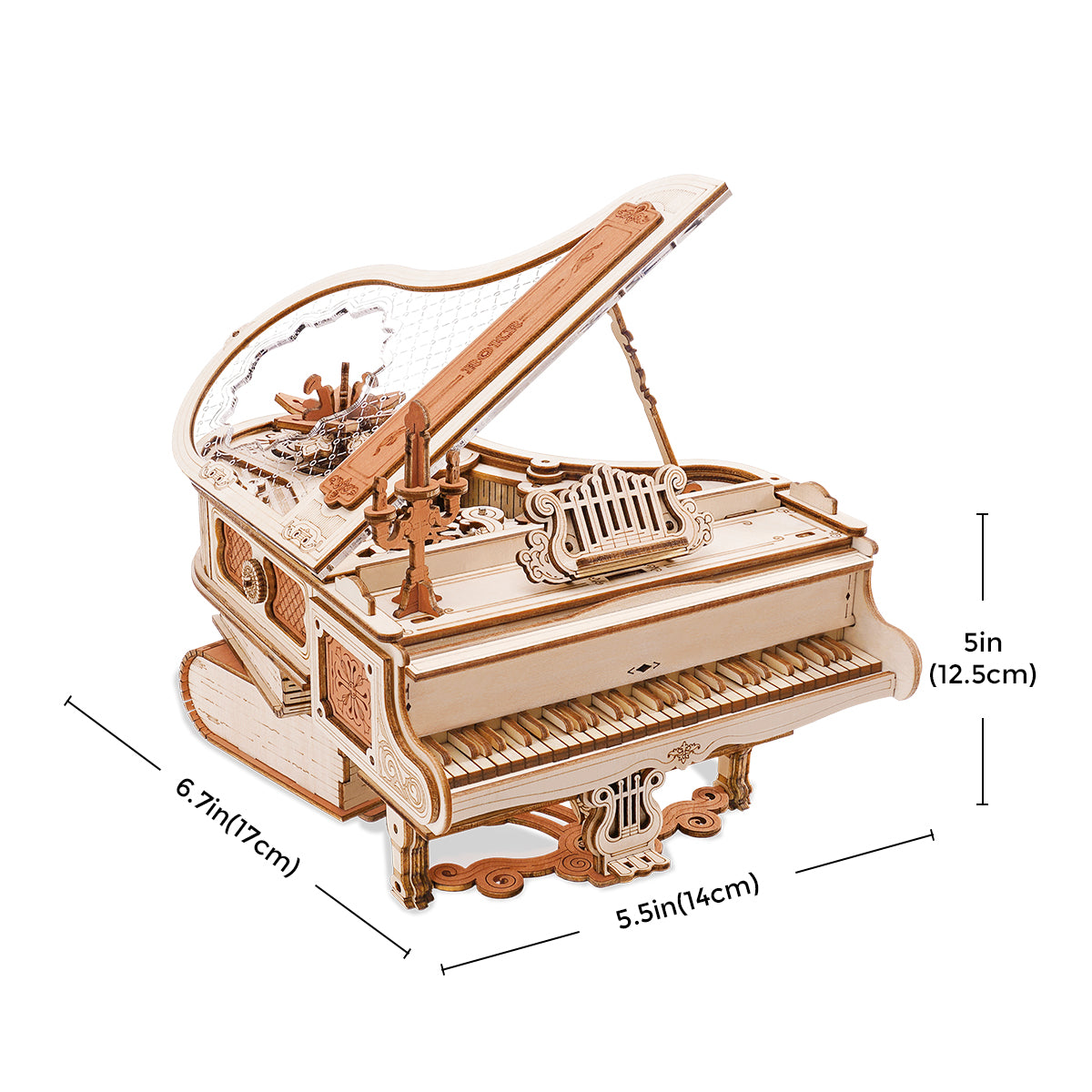 ROKR Magic Piano AMK81 wooden DIY music box showing the assembled size dimensions 6.7 by 5.5 by 5 inches with piano bench accessory