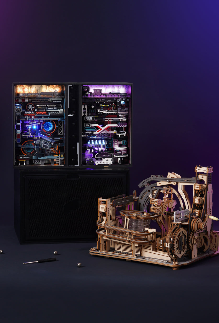 Robotime product lineup featuring a lit mechanical PC tower display case beside a wooden gear marble run model