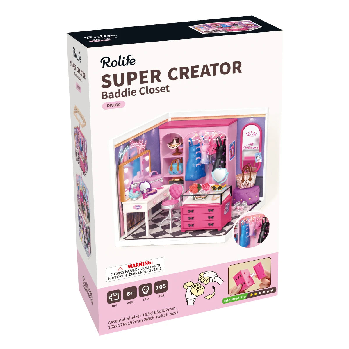 Rolife Super Creator Baddie Closet DW030 box, 8+ age, 105 pcs, intermediate level, assembled size 163x163x152mm.