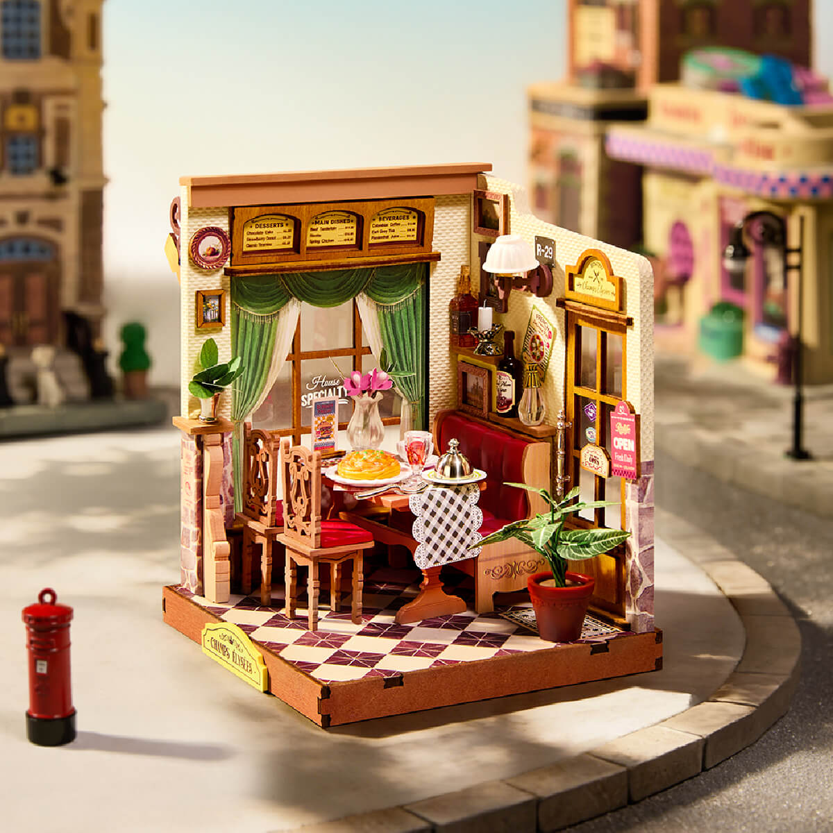 Rolife Champs-Élysées Bistro Miniature House DS053 DIY miniature house kit, angled view showing detail and craftsmanship