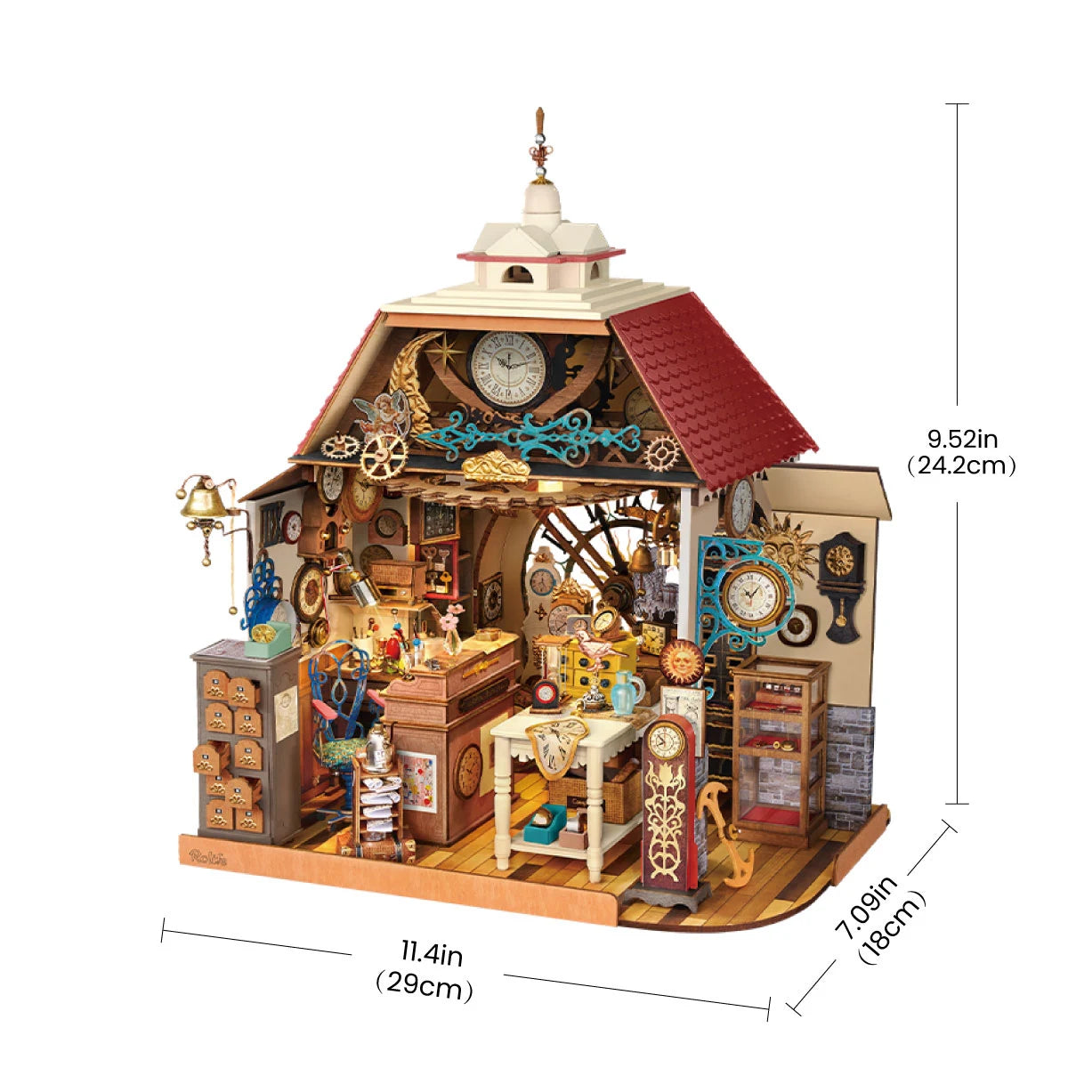 Rolife miniature clock shop shown with dimensions: 11.4in (29cm) wide, 9.52in (24.2cm) high, 7.09in (18cm) deep.