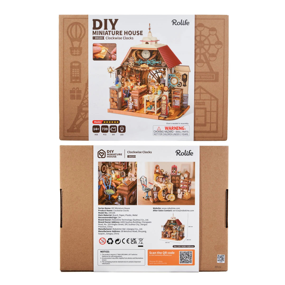 Rolife DIY Miniature House Clockwise Clocks box, model DH104, 739 pieces, age 14+, LED, glue needed, with product photos and warning label.