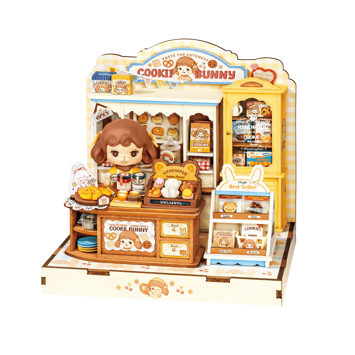 Rolife Cookii Bunny's Cookie Shop Miniature House DG177 DIY miniature house kit, product front view on neutral background