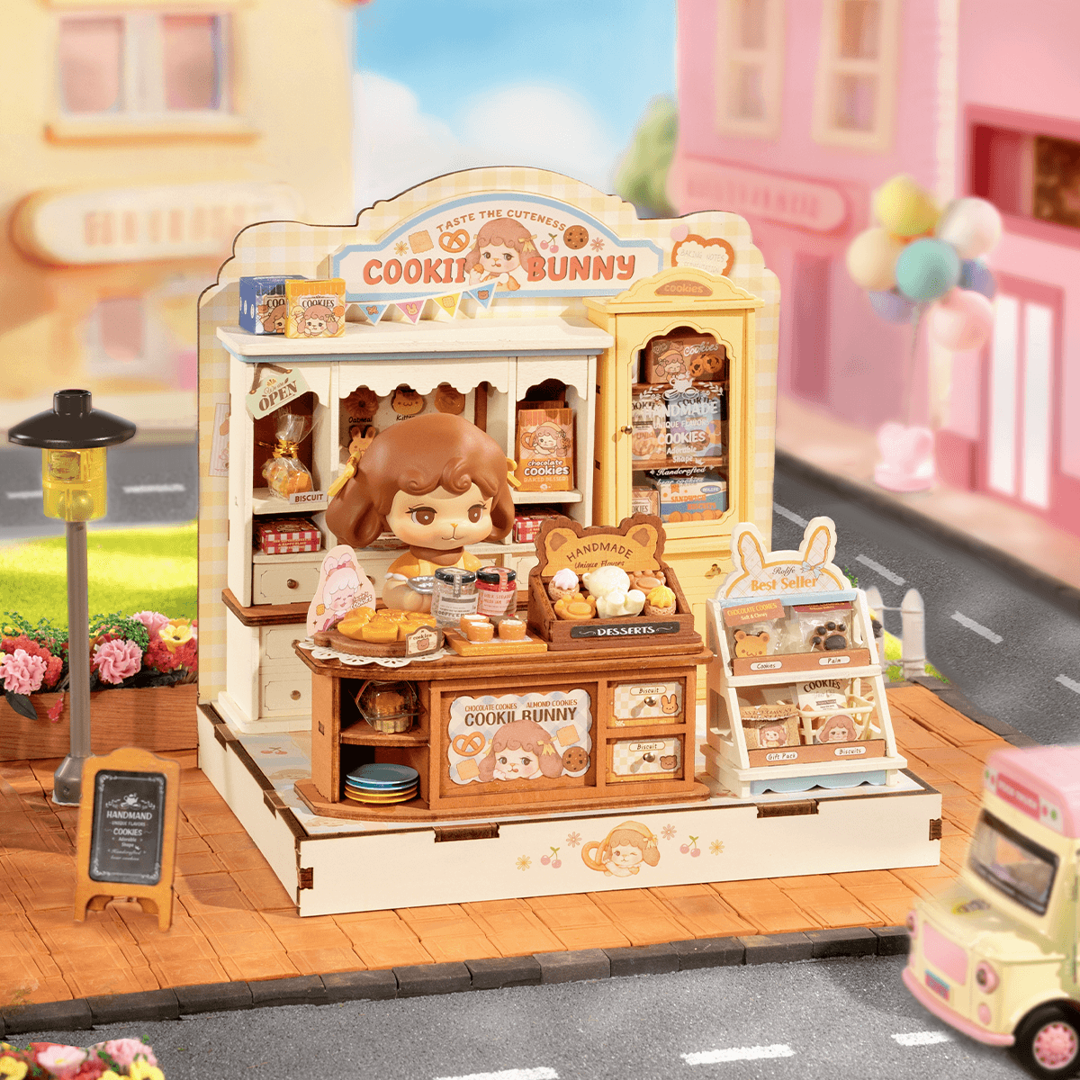 Rolife Cookii Bunny's Cookie Shop Miniature House DG177 DIY miniature house kit, angled view showing detail and craftsmanship