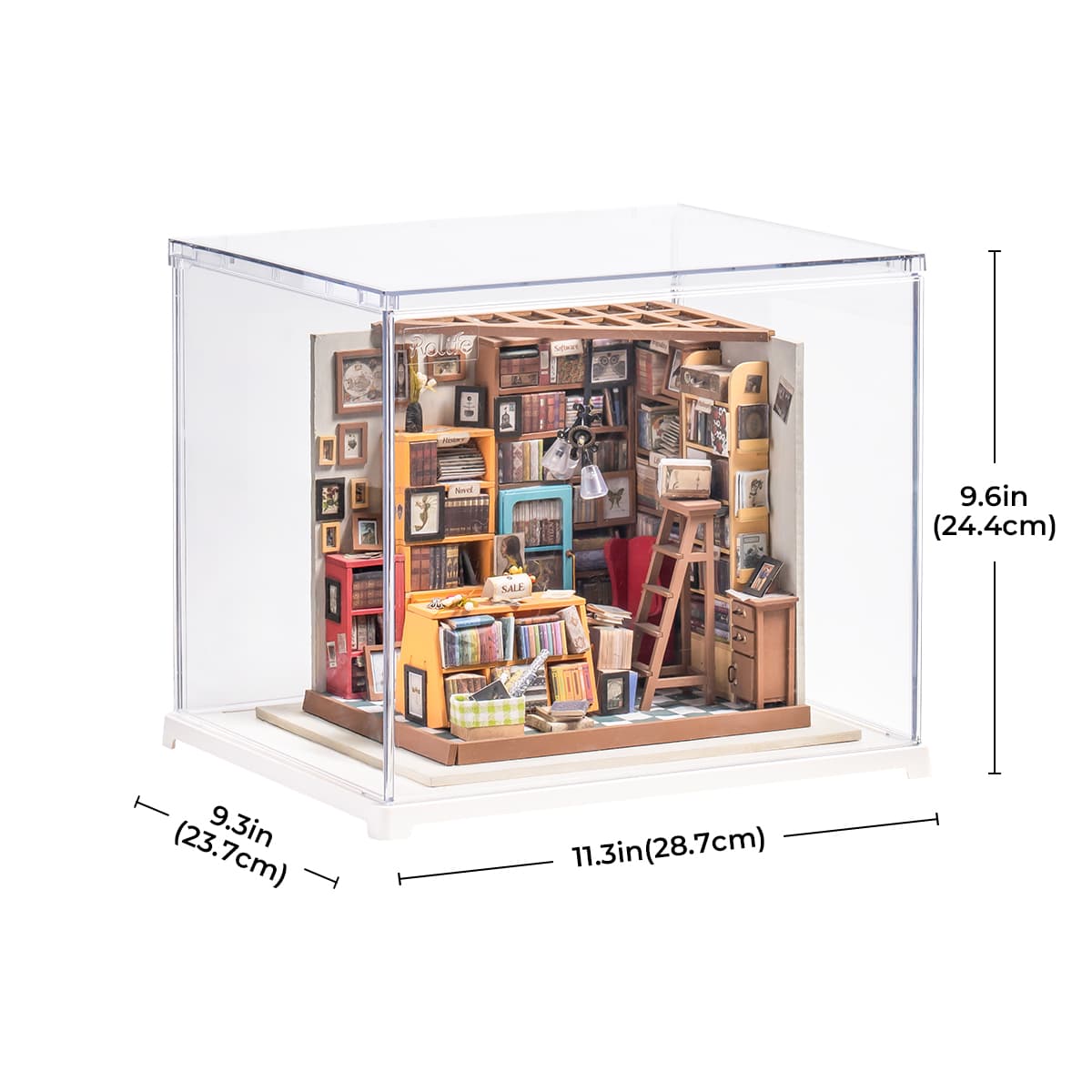 Rolife Sam's Study Library display box diagram shows the miniature room inside clear walls.