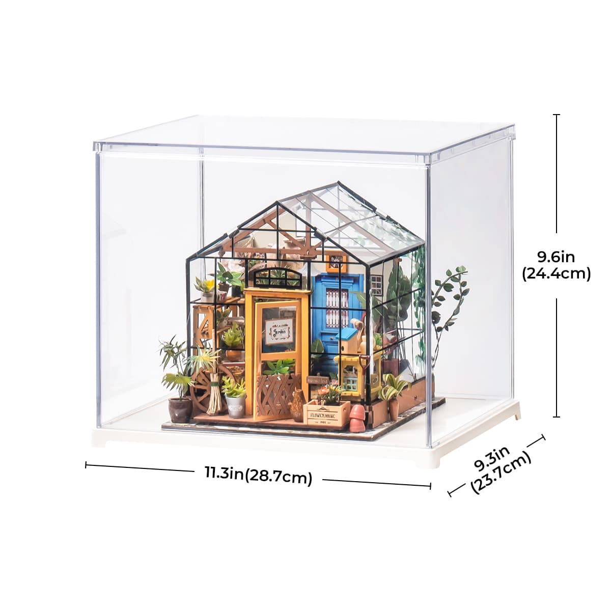 Rolife Cathy's Flower House diagram shows the greenhouse miniature inside a clear acrylic case.