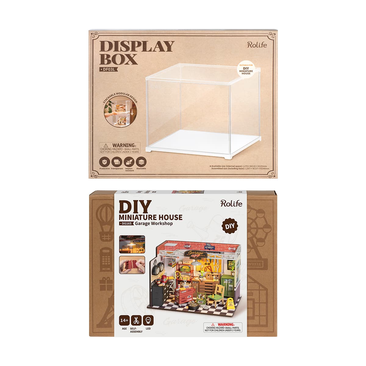 Rolife garage workshop kit packaging appears beside the display box package.