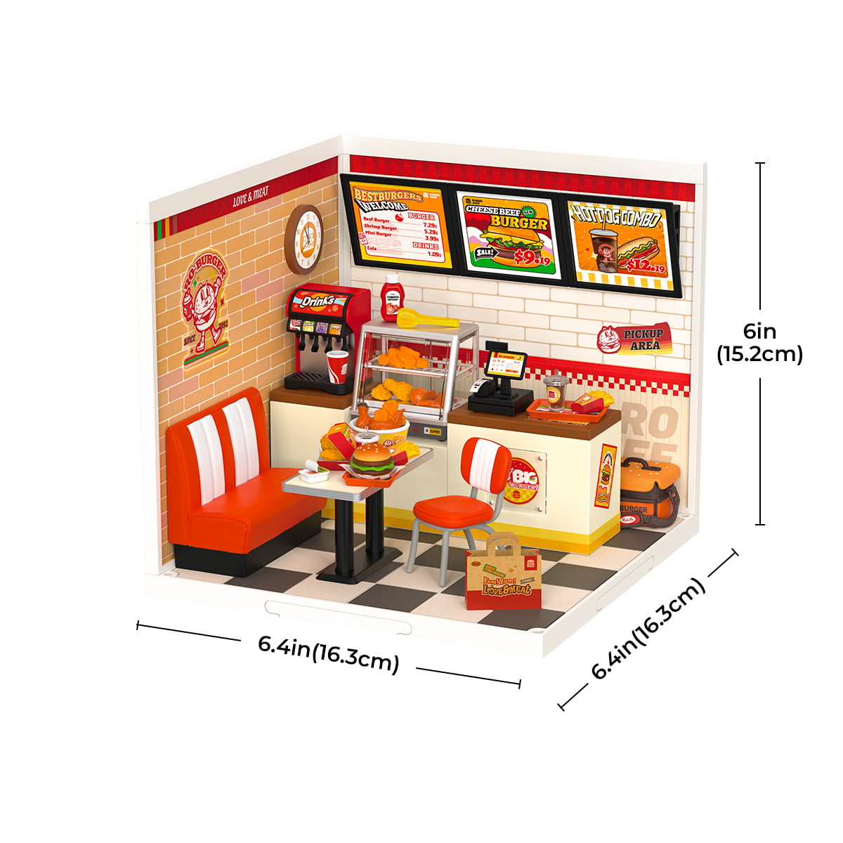Rolife Yum Yum Burgers DW010 showing assembled dimensions 6.4 by 6.4 by 6 inches with retro red diner booth fried chicken warmer and menu boards