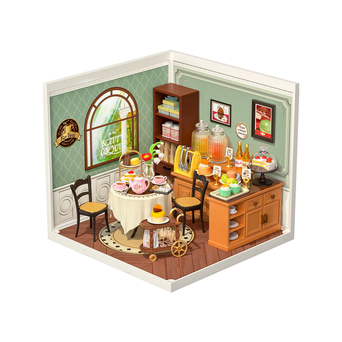 Rolife Sweet Sips Tea DW011 Super Creator white background isometric view showing complete tea room with dessert counter and round dining table