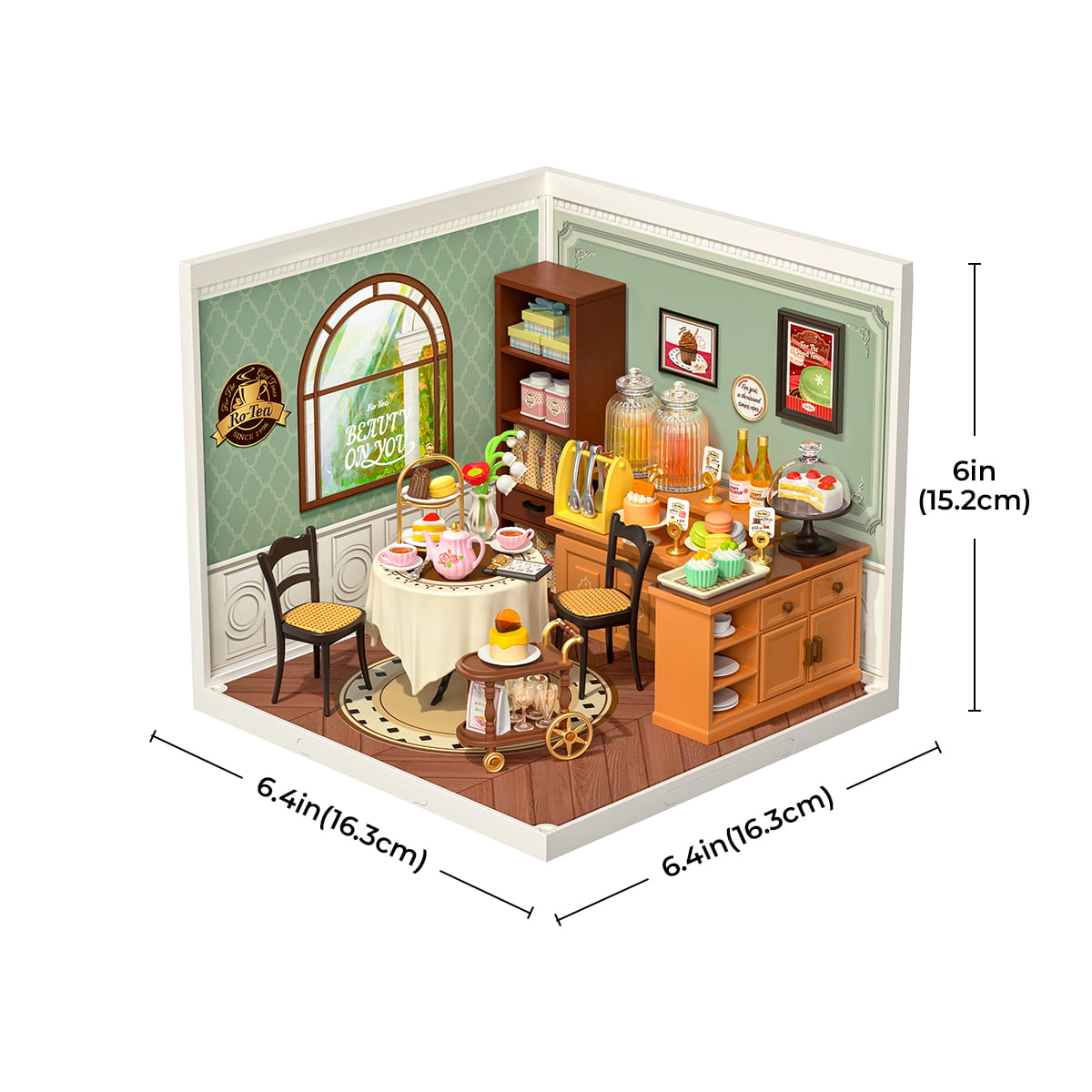 Rolife Sweet Sips Tea DW011 showing assembled dimensions 6.4 by 6.4 by 6 inches with full tea room green wallpaper and dessert counter layout