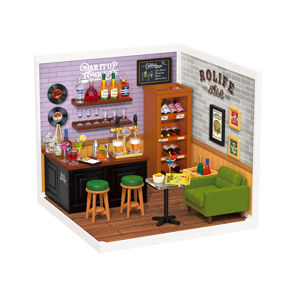 Rolife Leisurely Cheers Bar DW012 white background view of the complete miniature bar scene with purple brick wall records and cocktail display