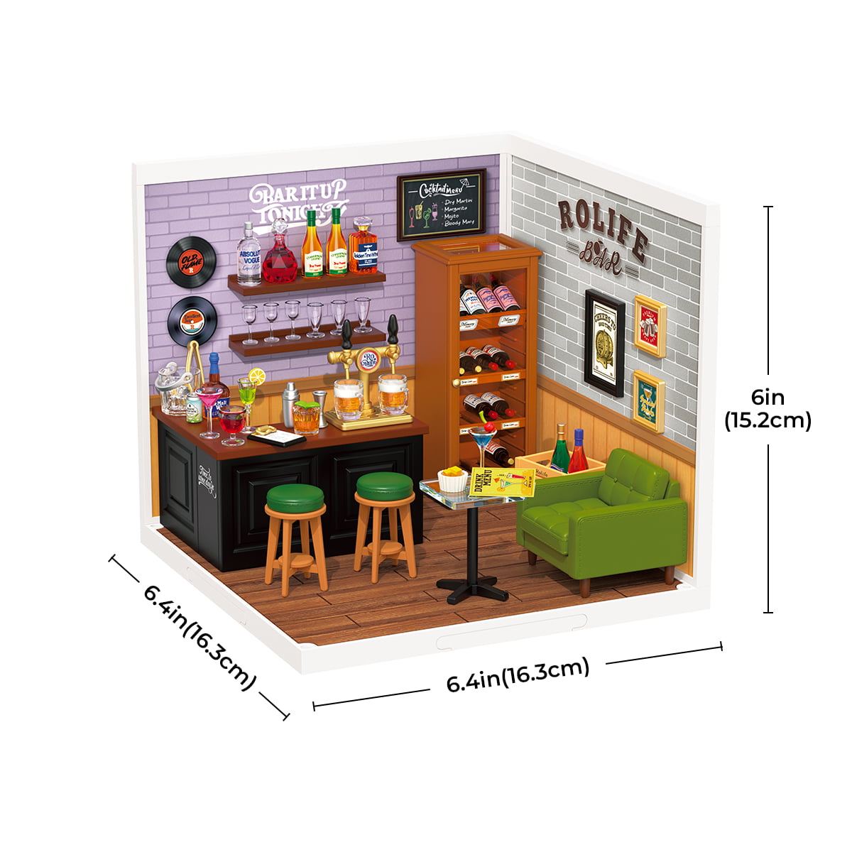 Rolife Leisurely Cheers Bar DW012 showing assembled dimensions 6.4 by 6.4 by 6 inches with full bar counter stools and wine display cabinet