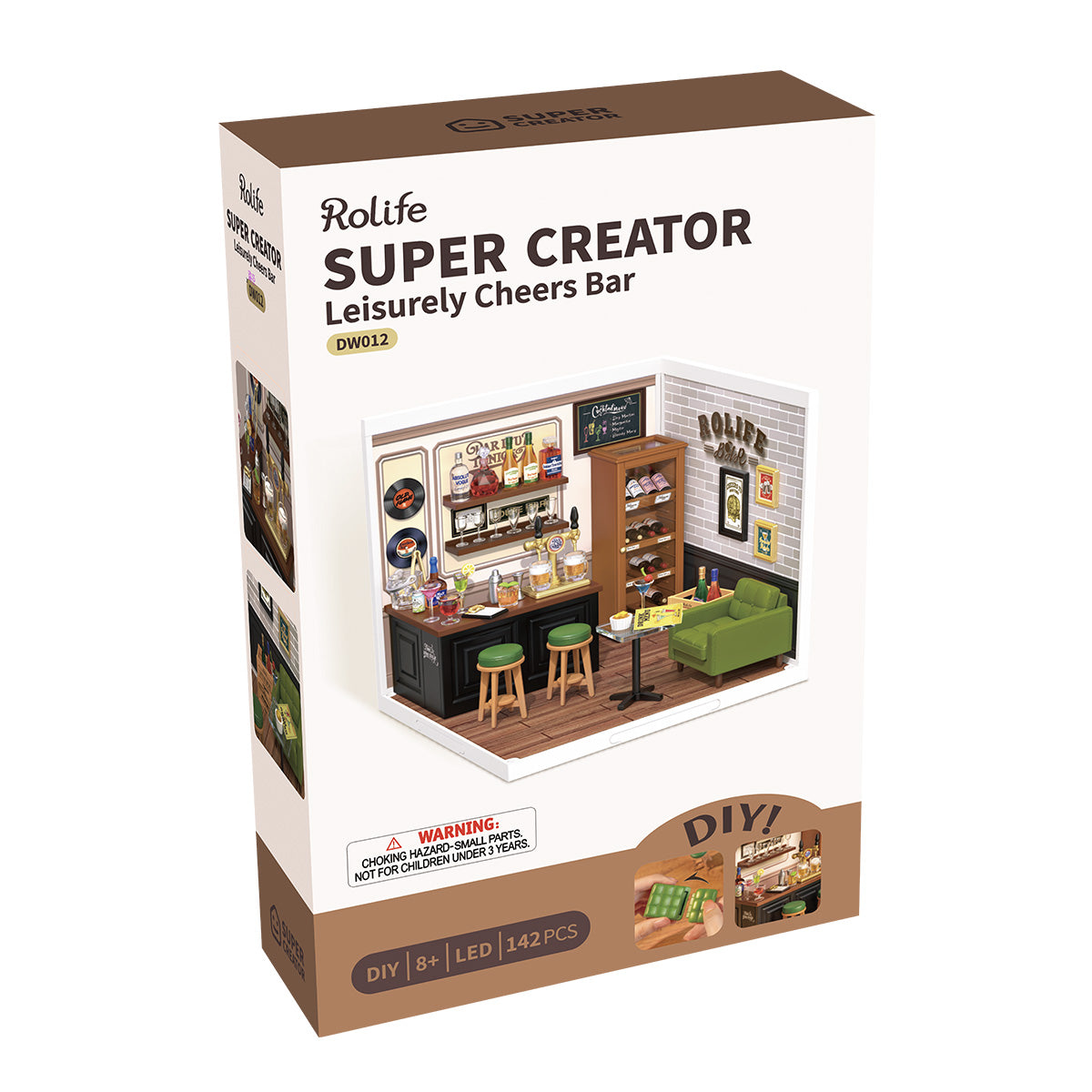 Rolife Super Creator Leisurely Cheers Bar DW012 retail box packaging showing the miniature bar diorama with green sofa and cocktail counter