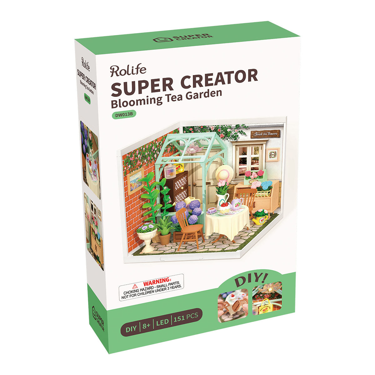 Rolife Blooming Tea Garden retail box showing the pastel greenhouse miniature room on the cover