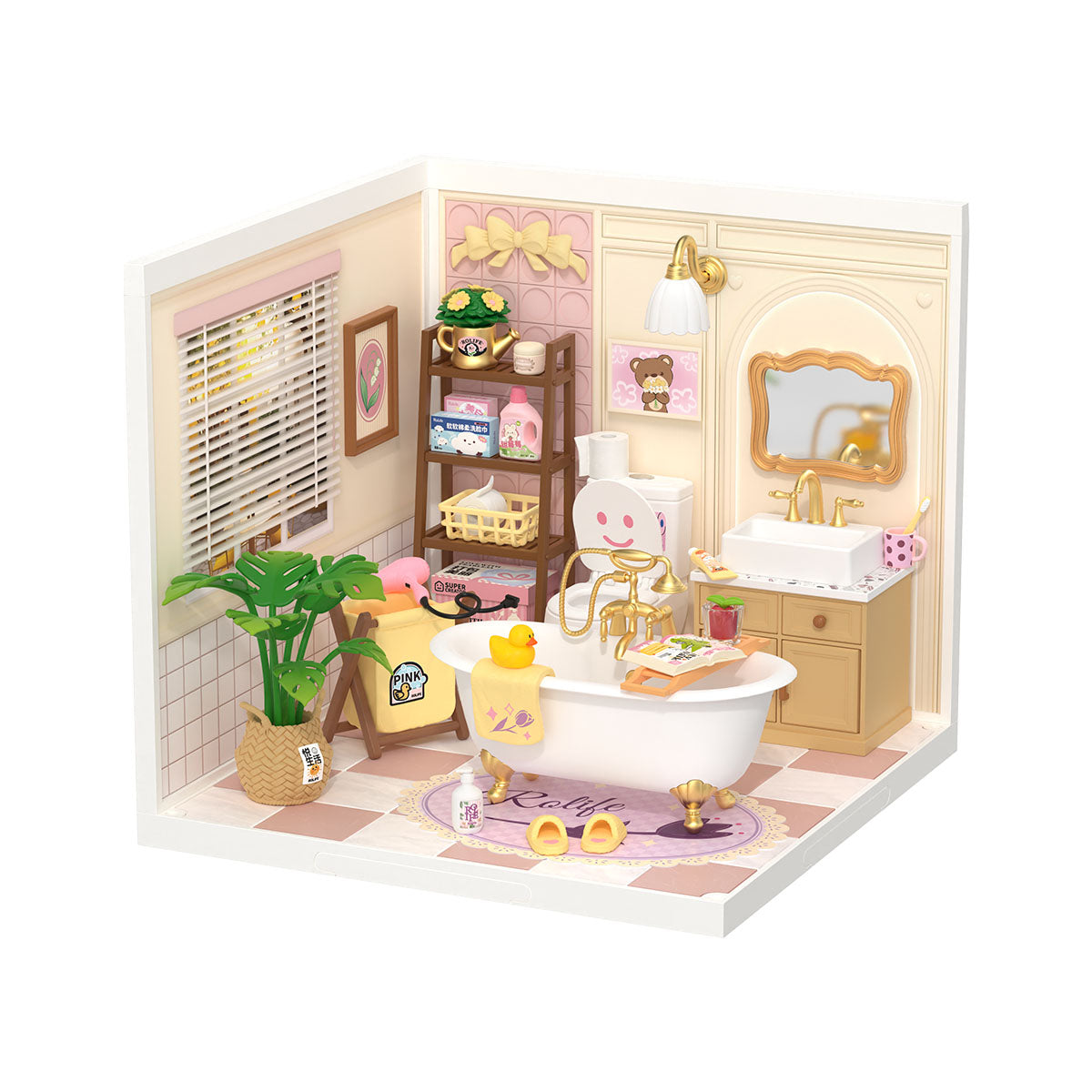 Rolife Pop Bubble Bathroom miniature room kit displayed with packaging and a soft pink interior