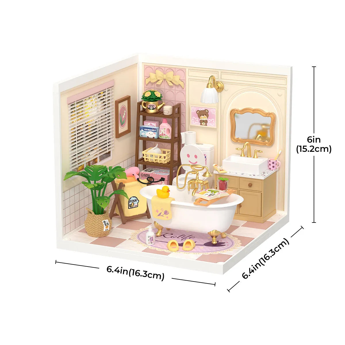 Rolife Super Creator L-shape DIY miniature bathroom with clawfoot tub, golden faucet, yellow rubber duck, pink checkered floor and vanity mirror, dimensions 6.4x6.4x6in shown