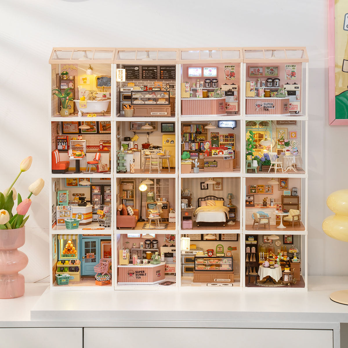 Rolife Super Creator nine room display with miniature tea garden, bathroom and dining scenes