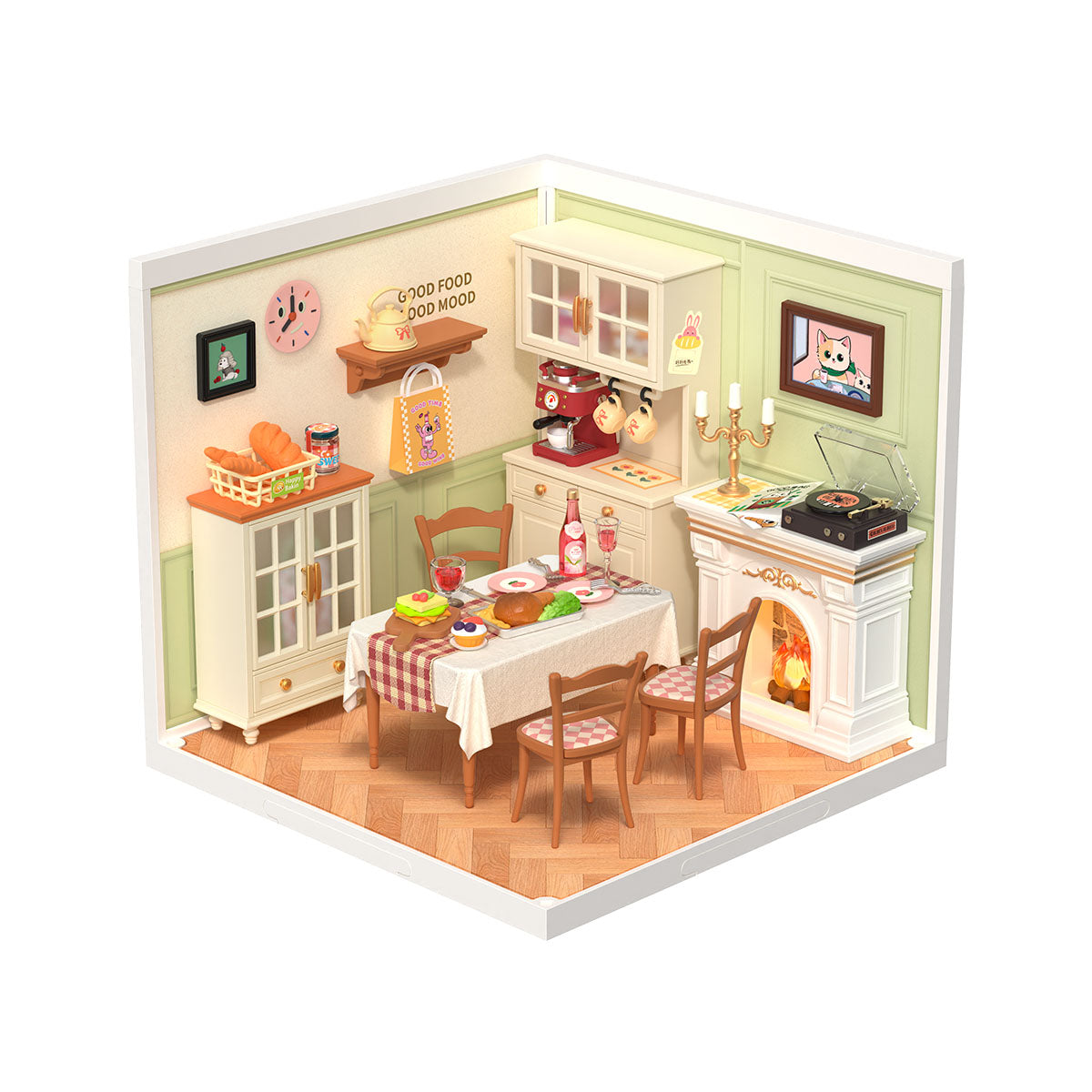 Rolife Warm Dining Room miniature room kit displayed with packaging and a cozy dining table scene