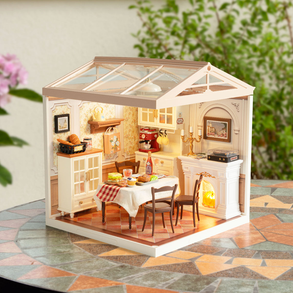 Rolife Super Creator 3 in 1 I Shape DIY miniature dollhouse kit, lifestyle scene on a wooden desk